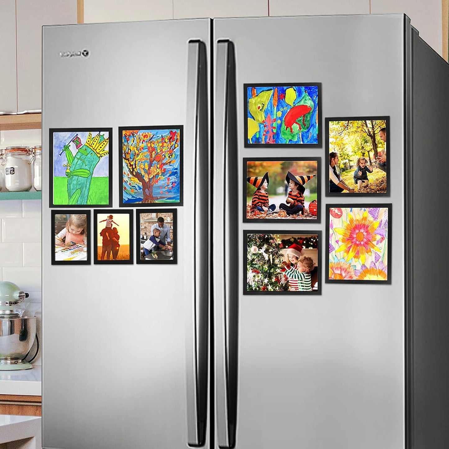 CRUGLA 8x10 Magnetic Picture Frames for Refrigerator 12 Packs, Modified Magnetic Sheet with Self Adhesive Backing, Black 8 by 10 Magnetic Photo Craft Frame Set for Glass Window Door Cubicle