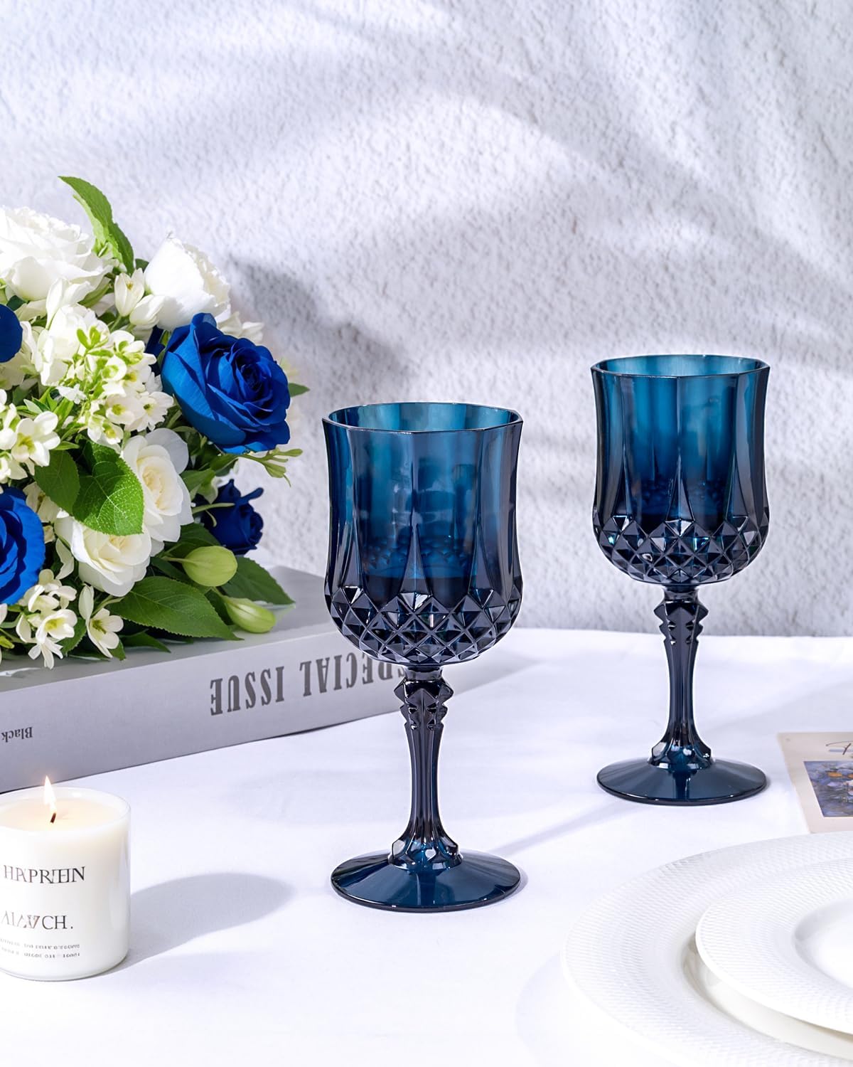 Ciaell 24PCS Blue Plastic Wine Glasses - 7 Oz Plastic Goblets for Party - Blue Vintage Drinking Glasses - Disposable Water Goblets Set for Wedding, Bar, Wine, Beer, Juice, Cocktail & Halloween