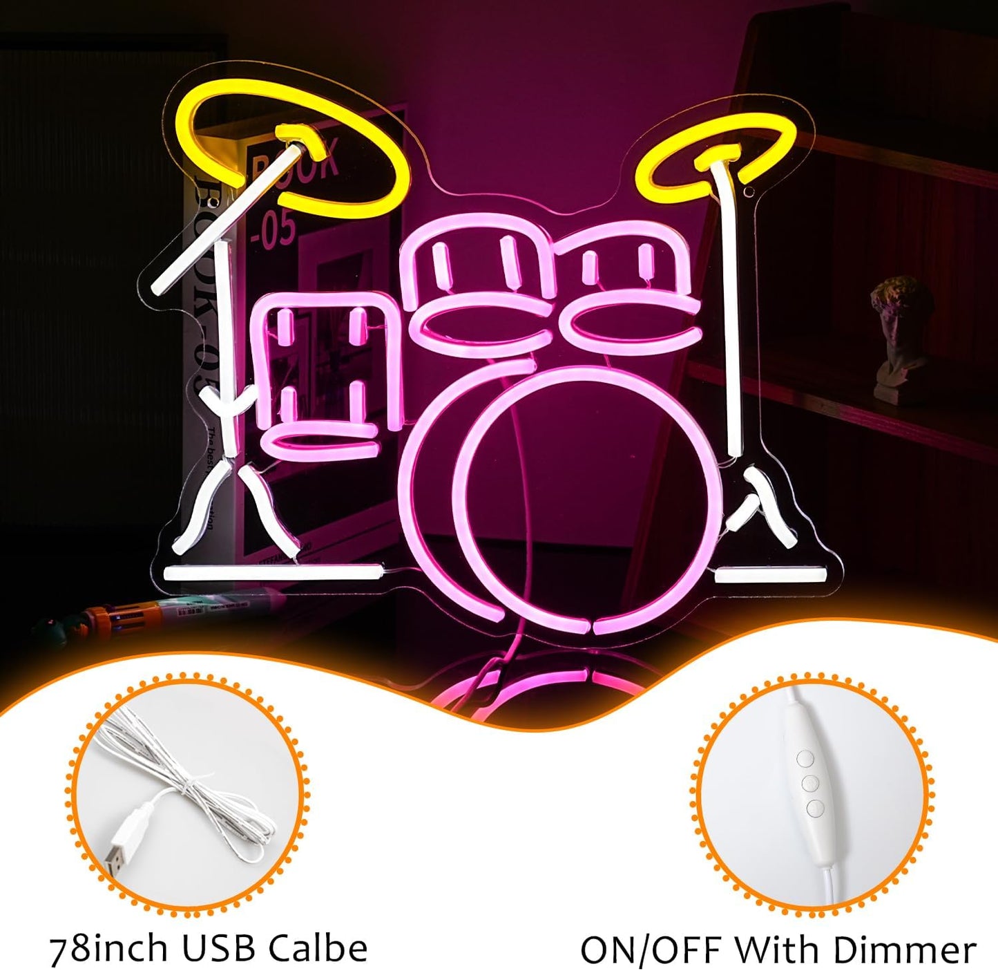 Drum Kit Neon Sign Dimmable Multicolored Led Neon Light for Wall Decor Drum Kit Shape Neon Light Sign USB Powered Led Neon Signs for Bar Live Music Music Studio Party Decoration