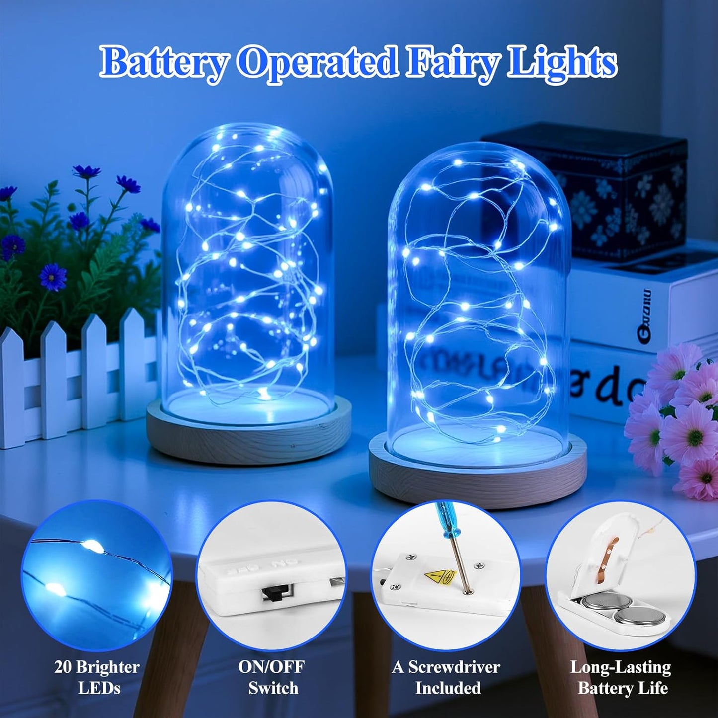 Lakumu 6 Pack Fairy Lights Battery Operated -7FT 20LED String Lights Silver Wire Firefly Starry Lights for DIY Christmas Decorations Mason Jar Wedding Party Centerpiece Table Decor, Blue