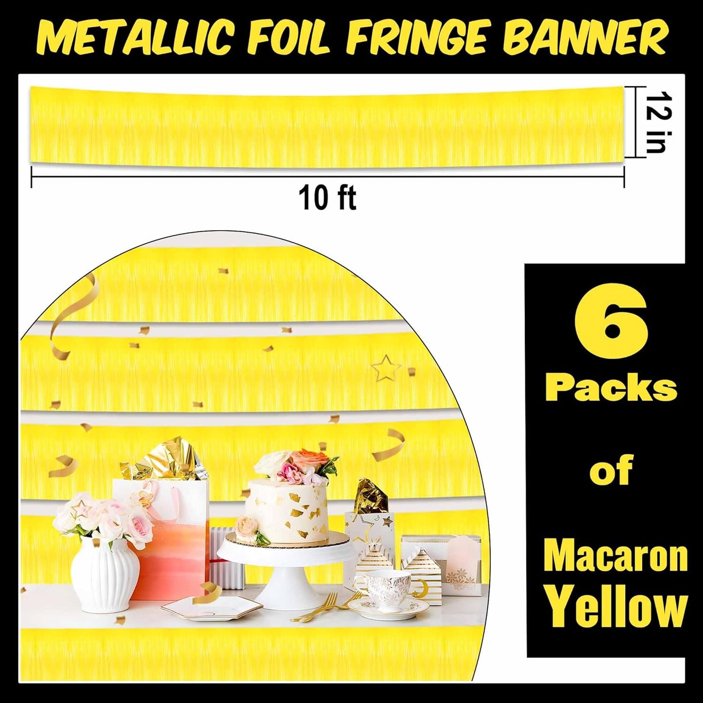 6 Pack 10 Ft Macaron Yellow Foil Fringe Garland Metallic Streamers Tinsel Banner Wall Hanging Garland Backdrop for Parade Floats, Halloween, Christmas, Thanksgiving, New Year Party Decorations