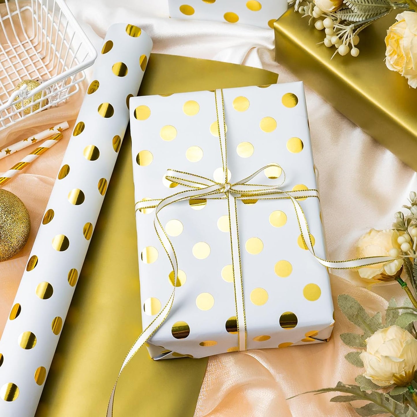 Burymento Platinum Dots Wrapping Paper, Reversible Gold Gift Wrap for Birthday, Valentines, Mothers day, Graduation, Wedding, Fathers day, Baby Shower, Christmas (17in x 32.8ft)