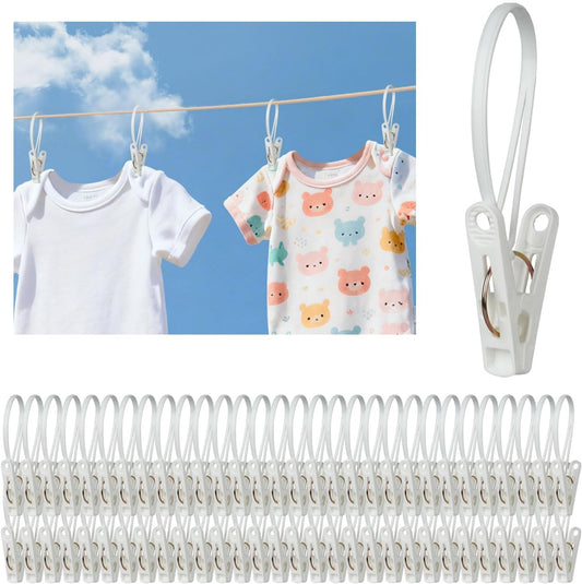 60 Pack Clothes Pins with Plastic Rope,Multi-Purpose Clips for Hanging,Windproof Plastic Clothespins for Hanging Baby Clothes,Socks,Hats, Pants, Bras, Underwears,Towels,Photos,White