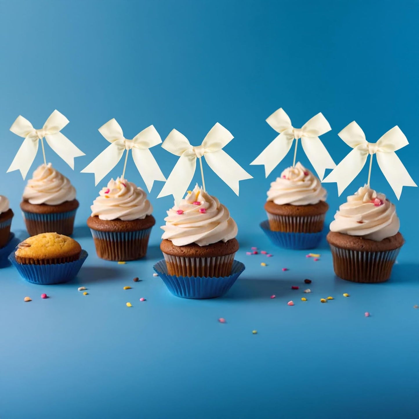 Gyufise 24Pcs Bow Cupcake Toppers Coquette Bow Girls Birthday Cake Decorations Bowknot Cake Toppers Bowknot Cupcake Picks for Baby Shower Birthday Wedding Bridal Engagement Party Supplies Beige