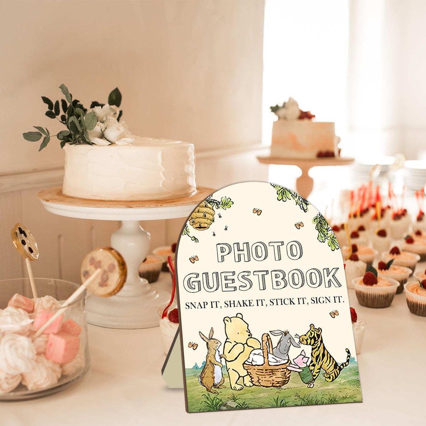 Winnie Wedding Photo Guestbook Desk Decor, The Pooh Photo Guestbook Wooden Sign, Baby Shower Party Decor, Wedding Party Supplies for Reception with Stand 8 * 10In