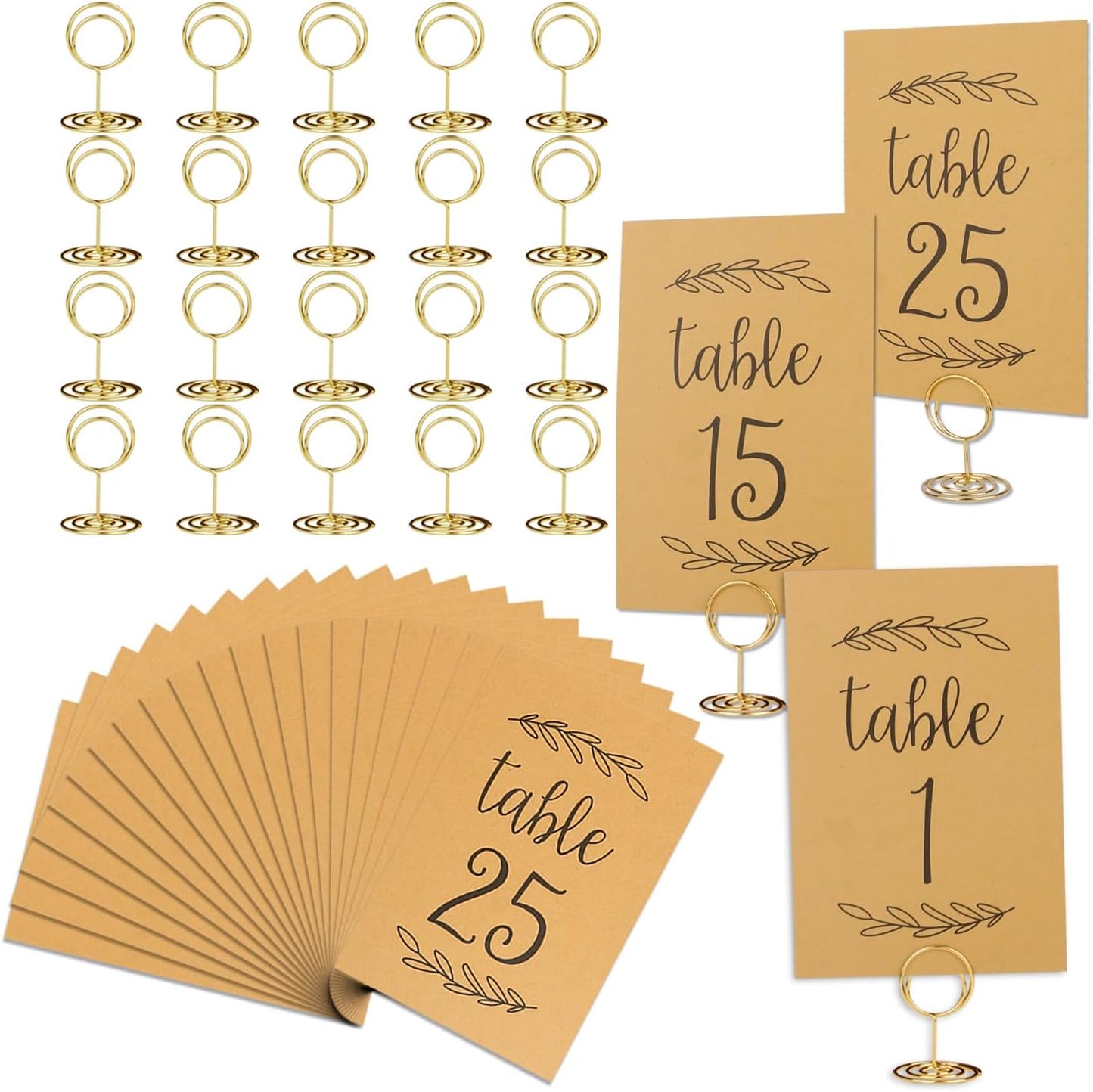 Wedding Table Numbers 1-25, 25 Karft Cards with 25 Gold Holders, 1 Set of 25 Table Numbers for Wedding Reception, Birthday Party (Card and Holder)
