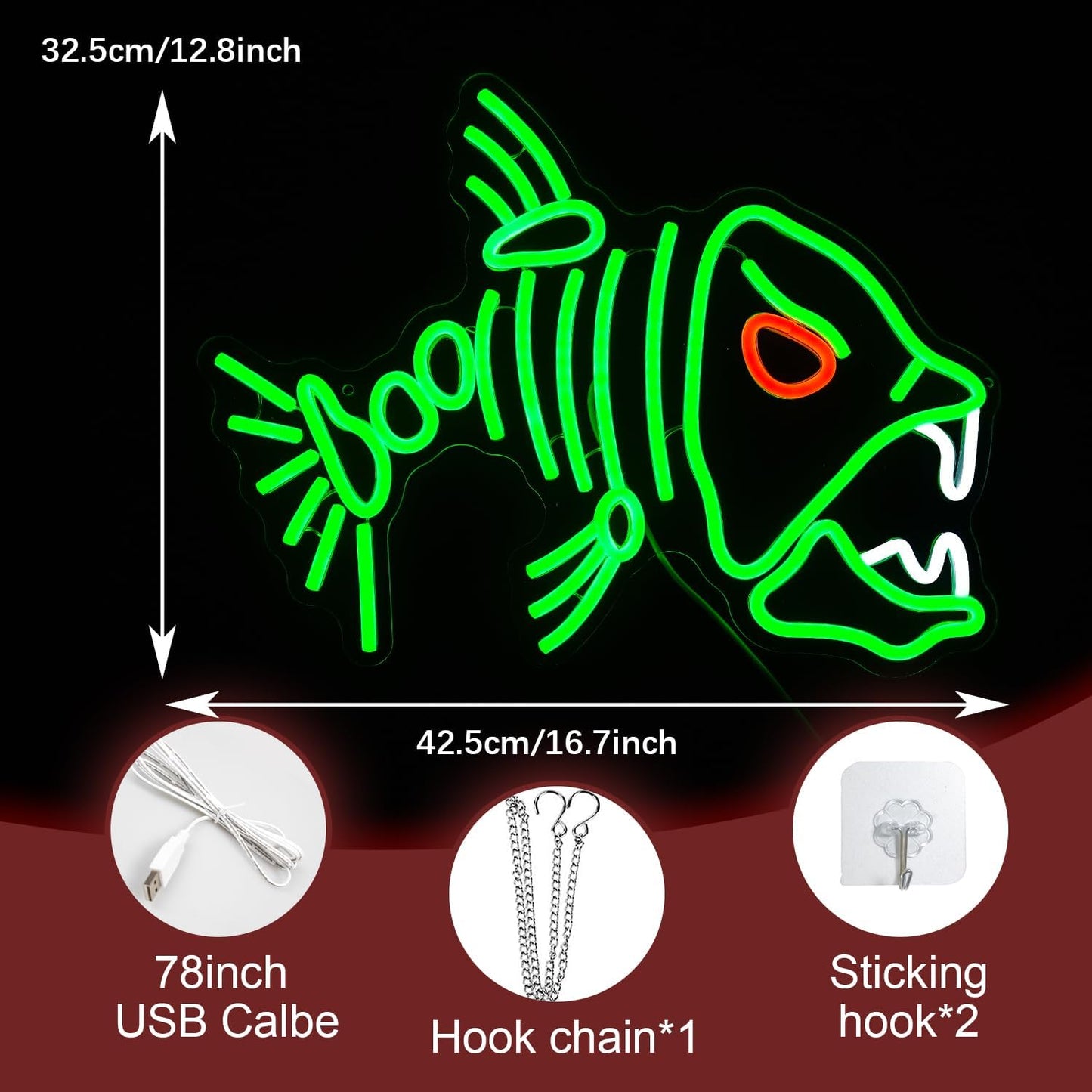 Fish Neon Sign LED Skeleton Fish Neon Light for Wall Decor Dimmable Green Fish Bones Light Up Sign for Living Room Game Room Restaurant Man Cave Art Wall Decoration (16.7 ''*12.8 '')