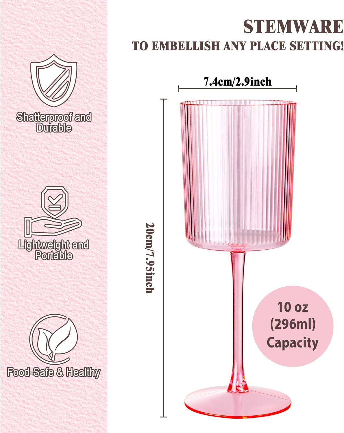 Ciaell 12 PCS Pink Plastic Ribbed Wine Glasses - 10 OZ Plastic Square Wine Glasses with Stem - Disposable Champagne Cups for Parties & Weddings & Party