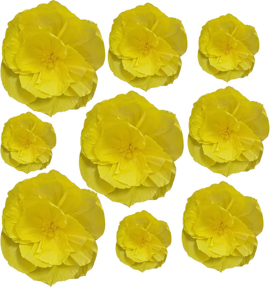 BRT Bearingshui Crepe Paper Flowers Decoration for Wall Total 9 Pcs, Artificial Flowers Backdrop for Wedding Decor Baby Bridal Shower Birthday Party, Yellow 3D Wall Flowers Decor