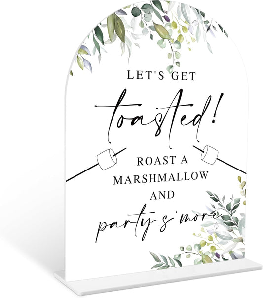 Greenery S'mores Bar Sign, 6 x 8 Inch White Arch Acrylic Wedding Sign with Holder, Wedding Sign for Ceremony and Reception, Wedding Decoration, Wedding Supplies - LY20