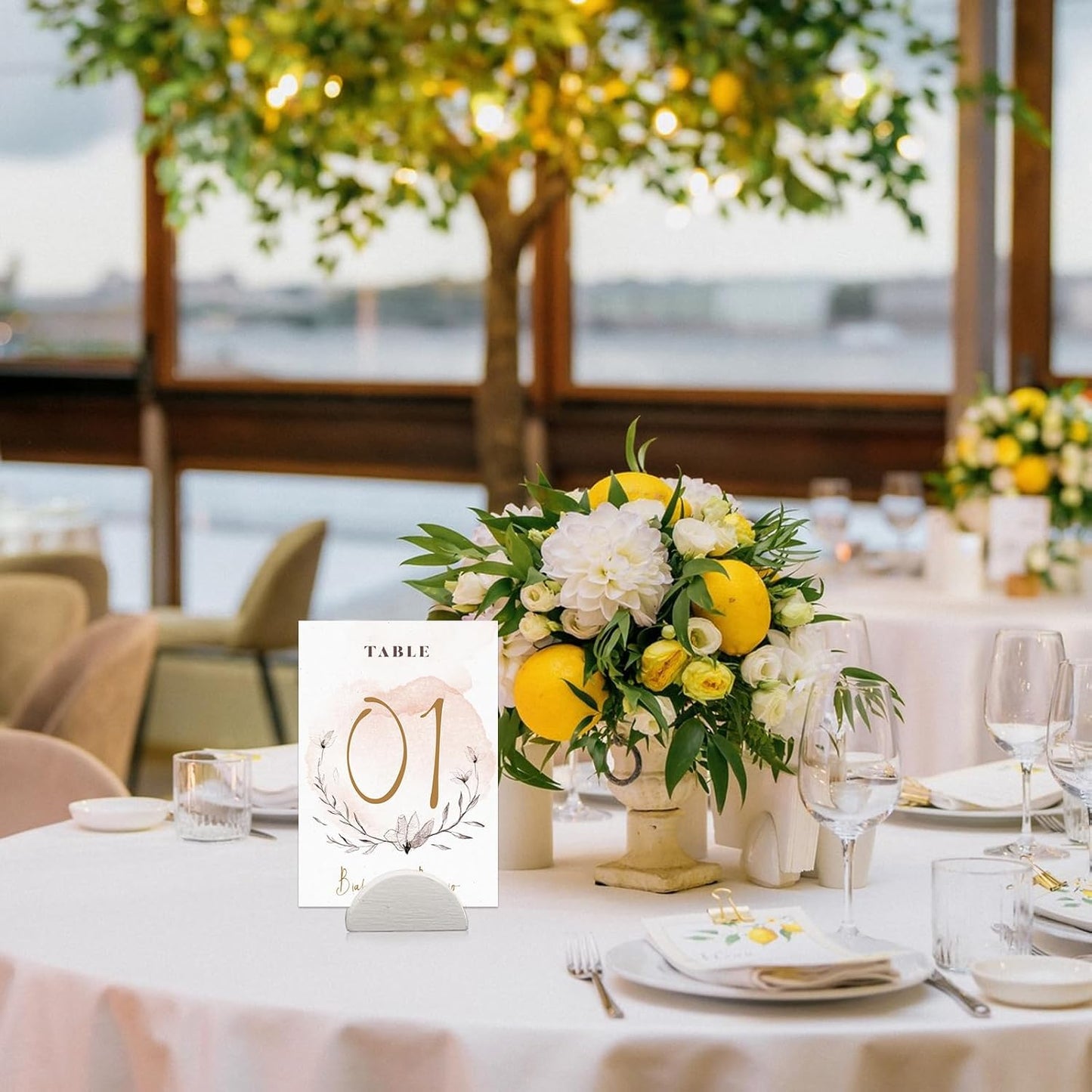 40 PCS Gold and White Table Number Stands, Wooden Table Number Holders, Place Card Holders, Half-Round Tables Numbers Stand for Wedding Party Office Tag Restaurant