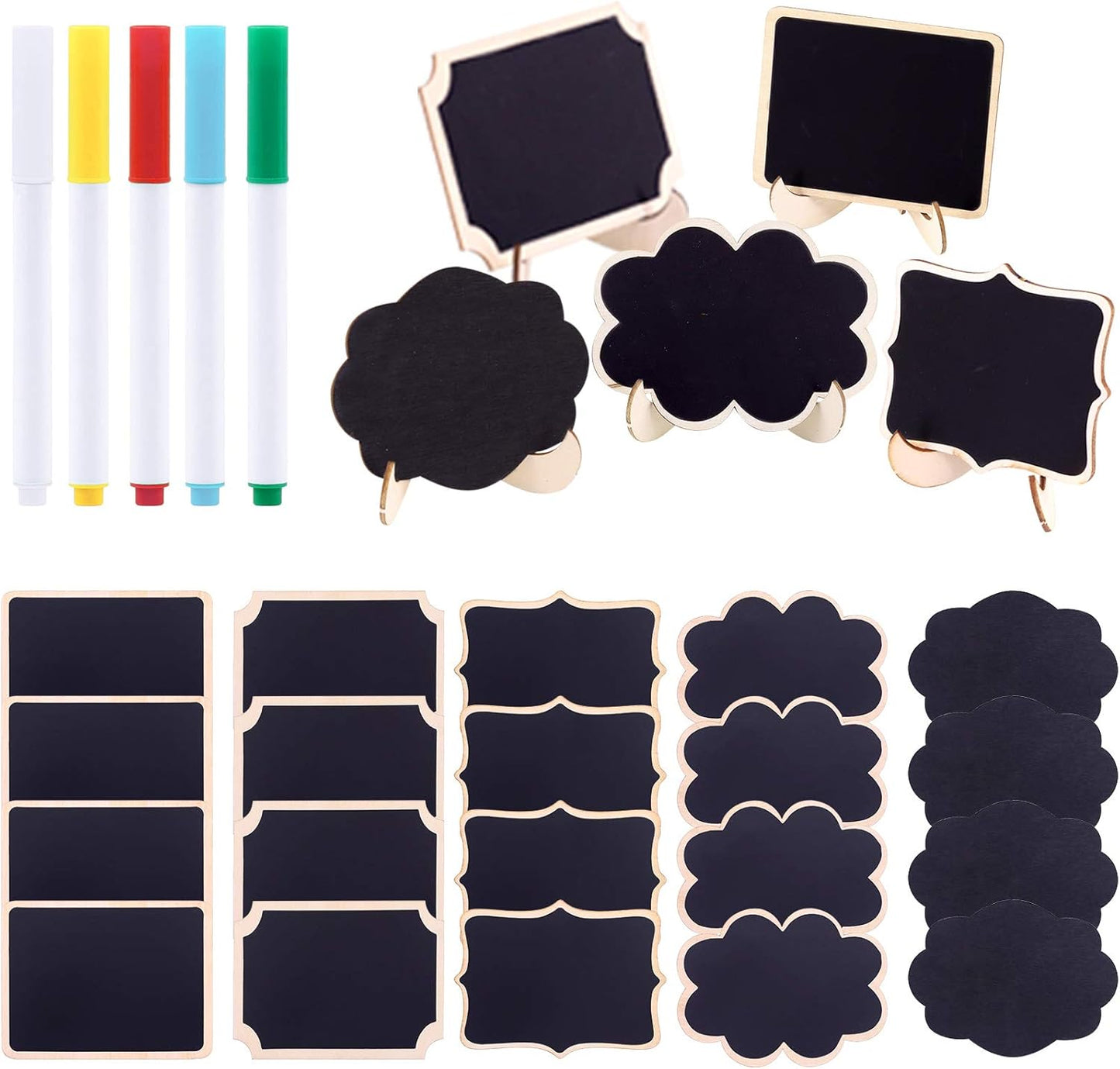 Swpeet 30Pcs 5 Designs Mini Chalkboards Signs with Liquid Chalk Markers Assortment Kit, Chalkboards Blackboard for Weddings, Birthday Parties, Table Numbers, Message Board Signs and Event Decoration