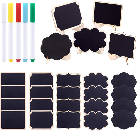Swpeet 30Pcs 5 Designs Mini Chalkboards Signs with Liquid Chalk Markers Assortment Kit, Chalkboards Blackboard for Weddings, Birthday Parties, Table Numbers, Message Board Signs and Event Decoration