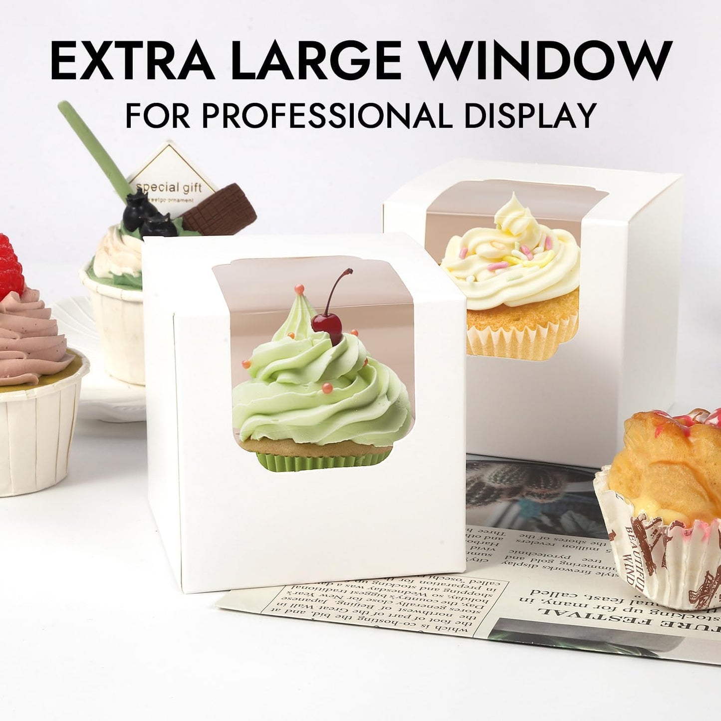 JCD 120 Packs Individual Cupcake Box White with Insert, 3.5" Cupcake Containers Single with Insert and Window for Hot Cocoa Bombs and Cookies, Pre-Assembled for Wedding Birthday Party (White/120Pcs)