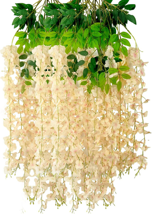 12 Pack Champagne Wisteria Hanging Flowers Garland, 3.77 Feet Artificial Flower Vines, Fake Wisteria, Artificial Vines Hanging Garland for Backdrop Outdoor Yard Garden Decor