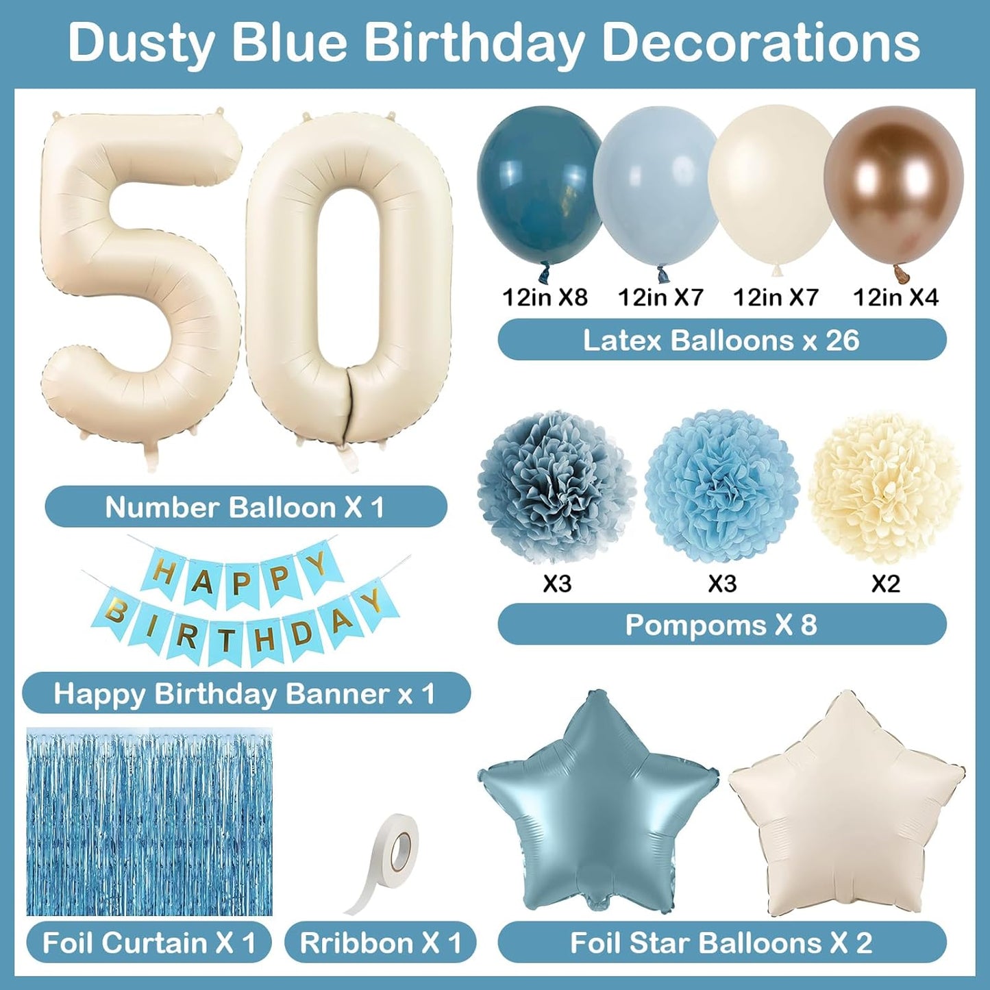 Dusty Blue 50th Birthday Party Decorations for Women Men Beige Cream Number 50 Balloon with Blue Gold Happy Birthday Banner Fringe Curtain Paper Pom Poms Nude White Sand Champagne Star Foil Balloons