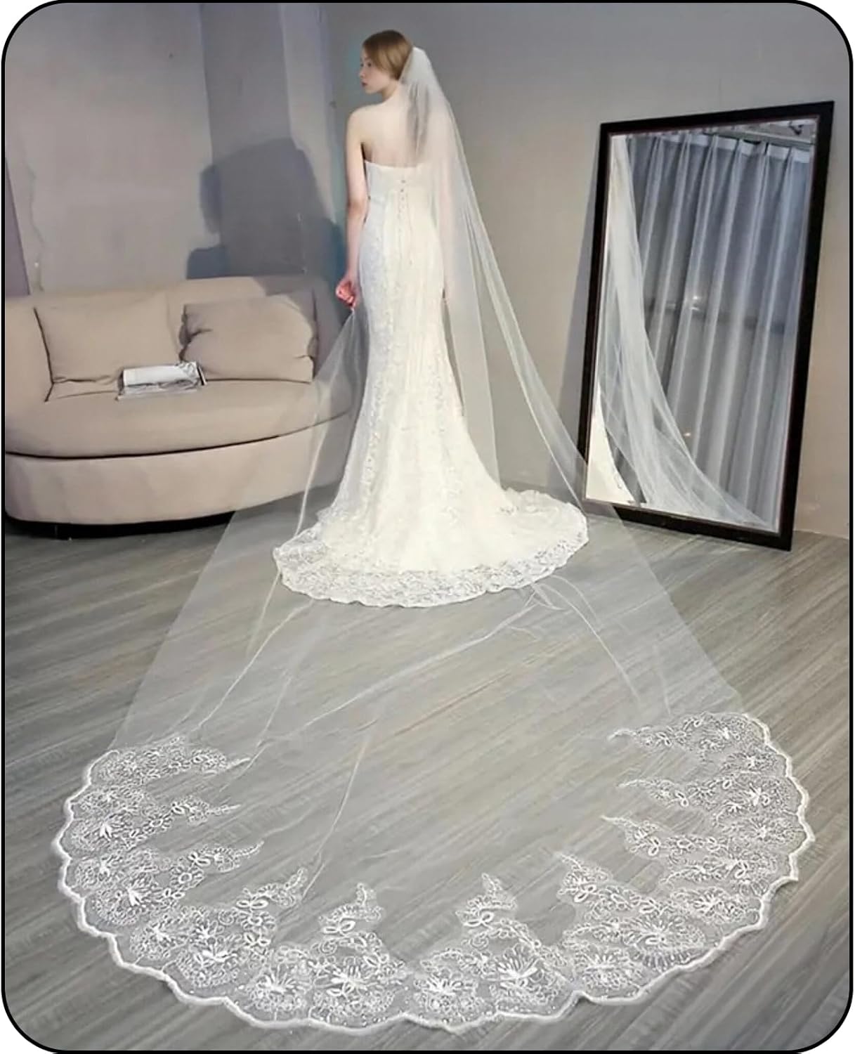 Bridal Veil long Cathedral Length Lace Sequins Edge 1 Tier Wedding Veil with Metal Comb for Brides