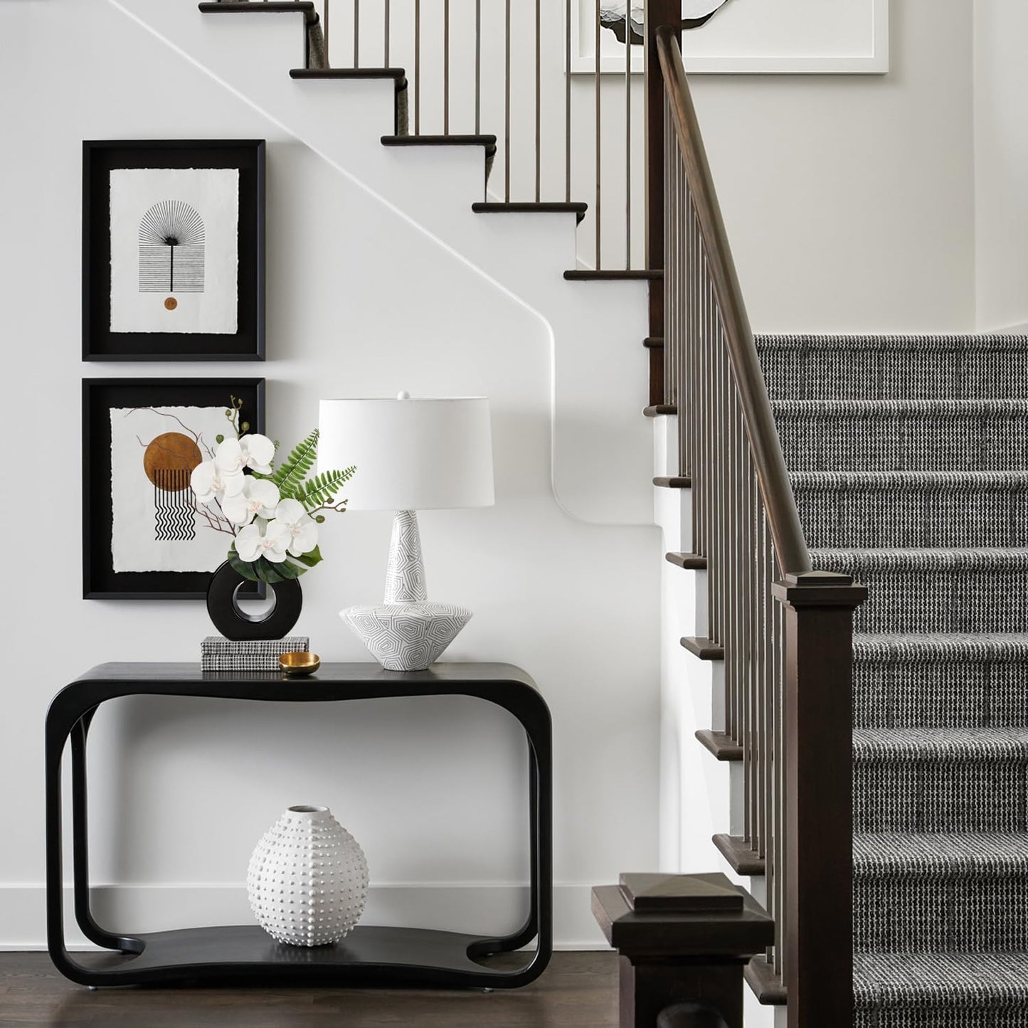 Briful Orchid Fake Flowers 16.1'' White Artificial Orchid Silk Flowers in Black Pot Faux Orchid Arrangement for Home Office Desk Modern Decoration