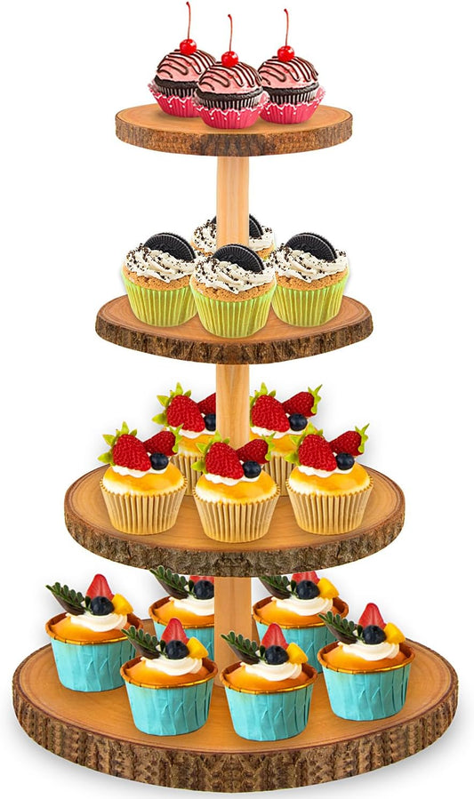 Cupcake Stand Wood Dessert Stands 4 Tier Wooden Cupcake Stand - Large Capacity, Bark-Covered, Varnished, Multi-Functional for Weddings, Baby Showers, and Parties.
