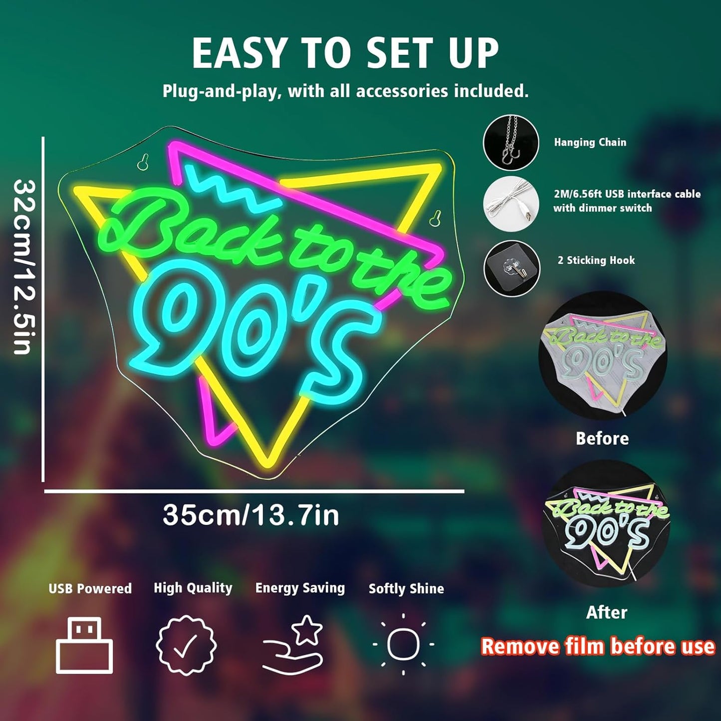 Back To The 90'S Neon Sign - Neon LED Sign for Wall Decor & Party Decor, Perfect for 90's Party Supplies & Photography Background