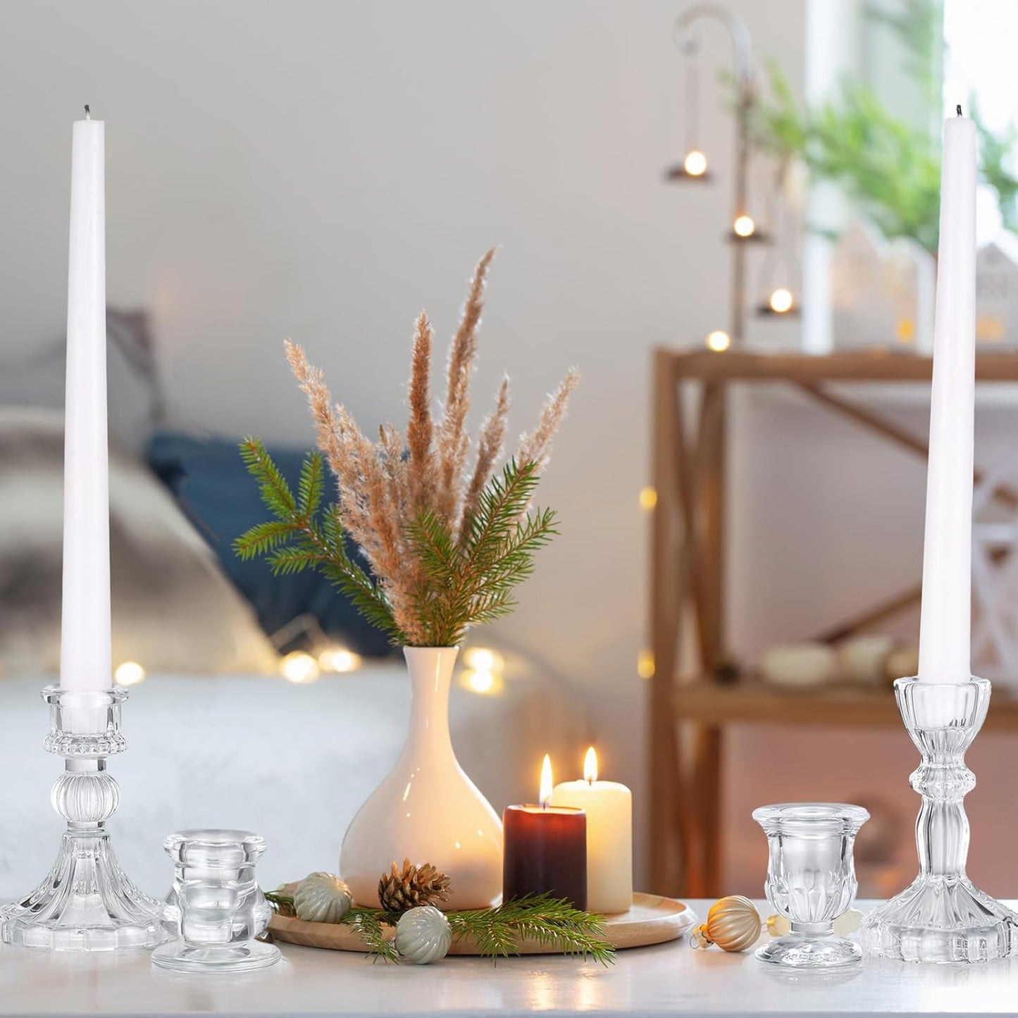 Mumufy 6 Pcs Glass Crystal Taper Candle Holders Clear Glass Candlestick Holder Fit 0.8 Inch Candles Crystal Decorative Candle Stand Centerpiece Table Wedding Dining Party (Simple,Clear)