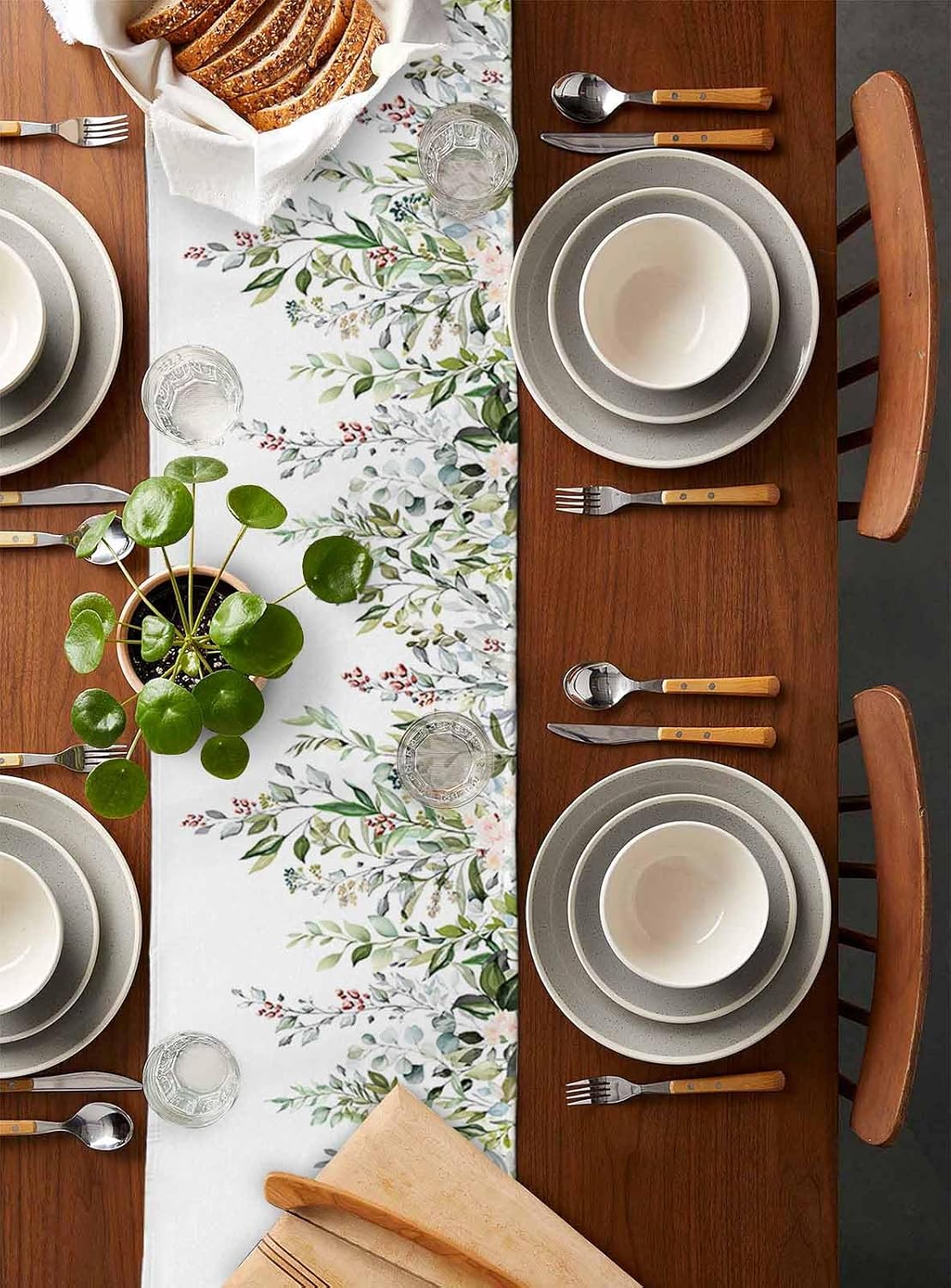 Botanical Eucalyptus Cotton Linen Table Runner for Dining Kitchen, Wedding Outdoor Party Tablerunners Decoration, Sage Green Leaves Elegant Floral Dresser Scarf Coffee Tablecloth Runners 13x36 Inches