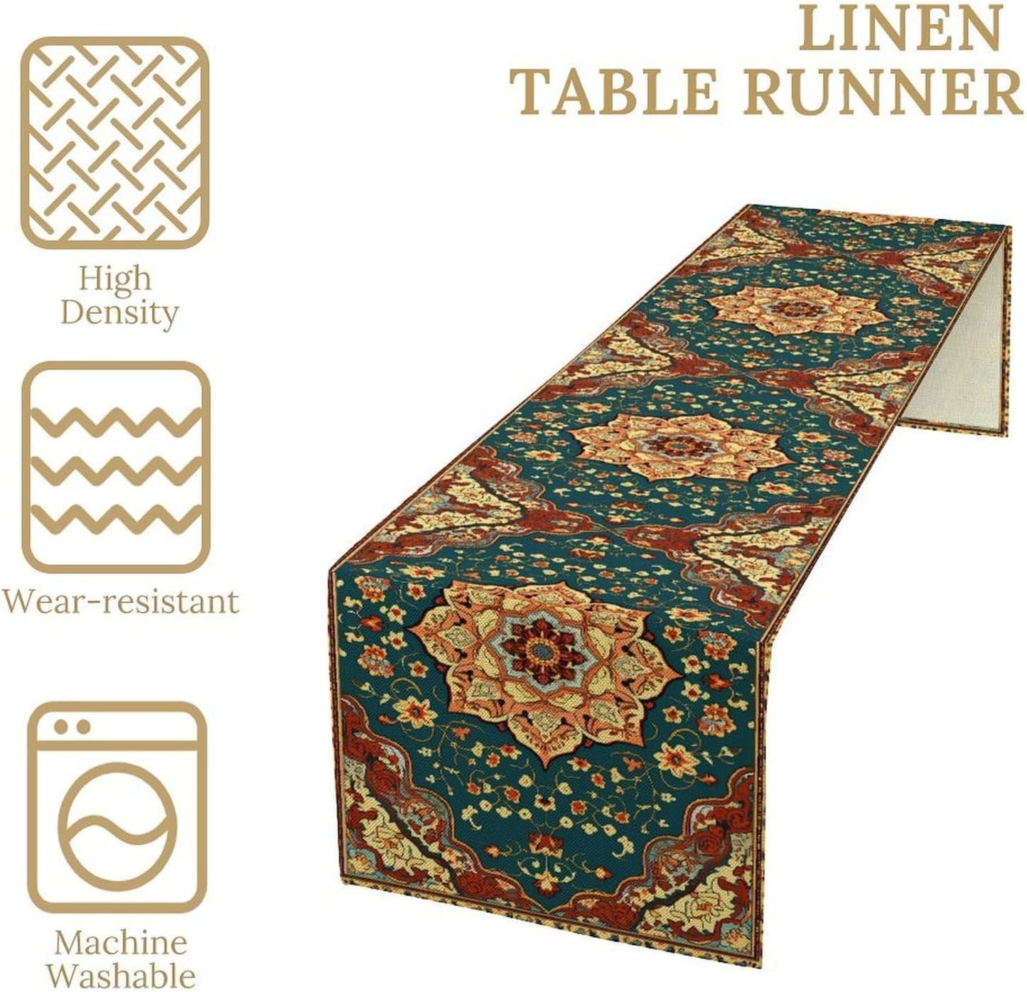 Boho Rich Table Runner, Vintage Blue Teal Gold Retro Flower Rustic Country Style Floral Print Pattern for Home Kitchen Table Decor Dining Coffee Room Garden Party Decor 13x90in