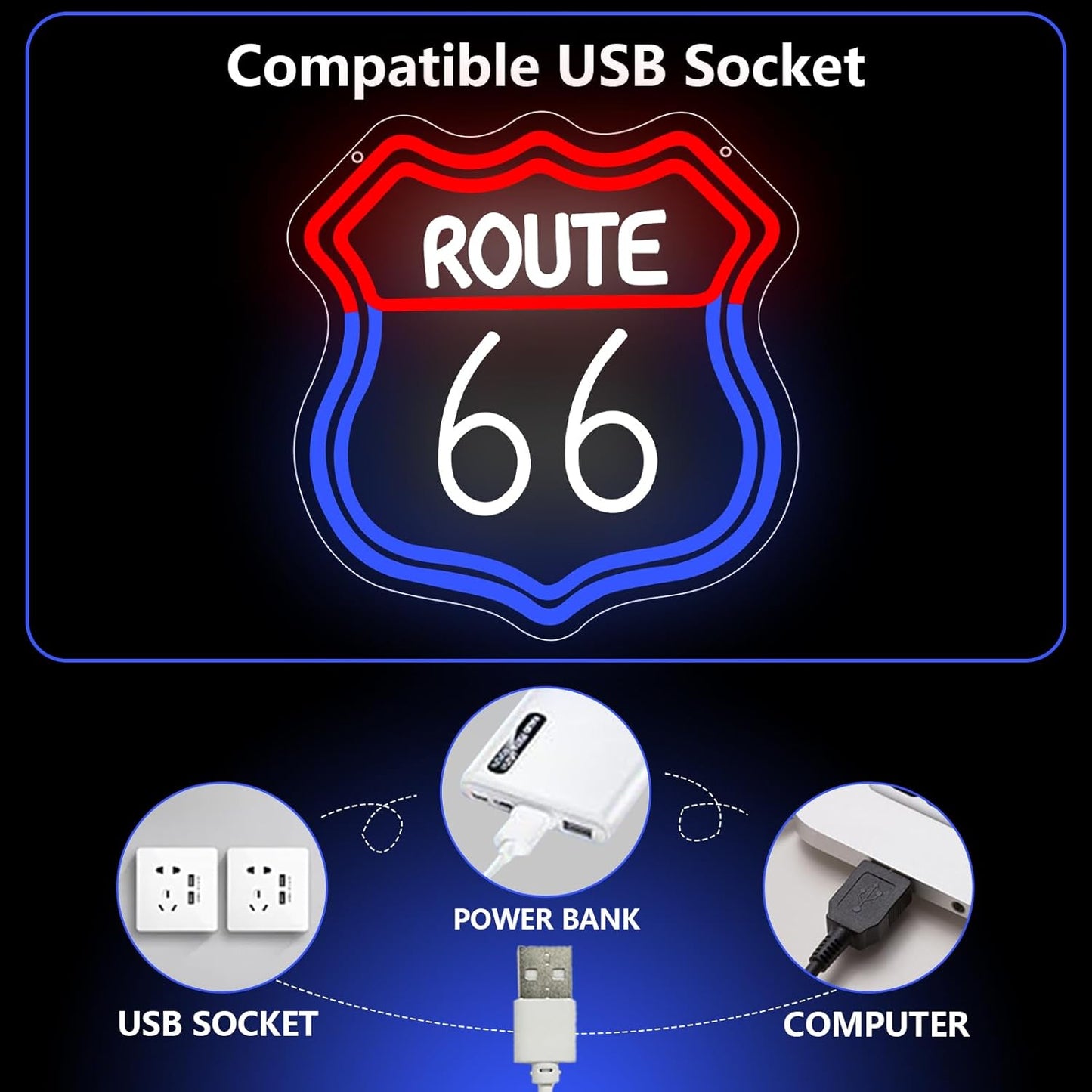 Route 66 Neon Sign, Route 66 Light up Sign Led Neon Light Signs for Wall Decor Party Decorations Home Bedroom Man Cave Birthday Christmas Gift Dimmable USB Powered(12.6" × 12.1")