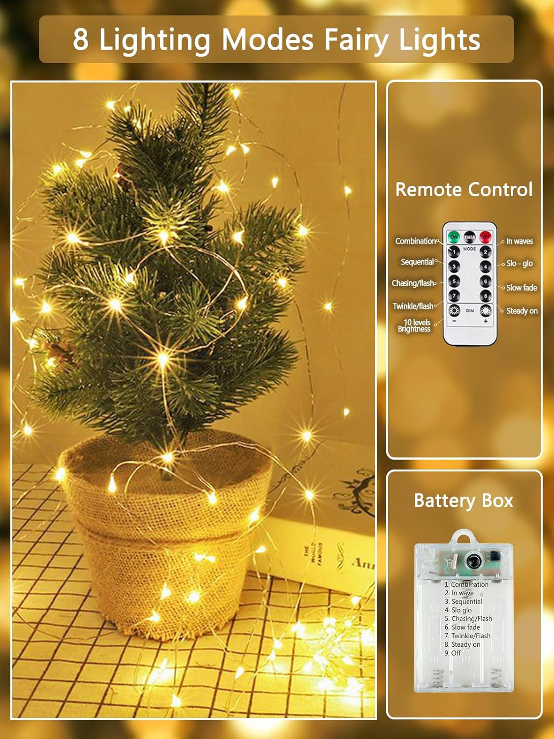 2 Pack Fairy Lights Battery Operated with Remote Control Timer, LED String Lights Outdoor Indoor, 8 Mode Twinkle Lights for Christmas Party Wedding Birthday Bedroom Décor (Warm White)