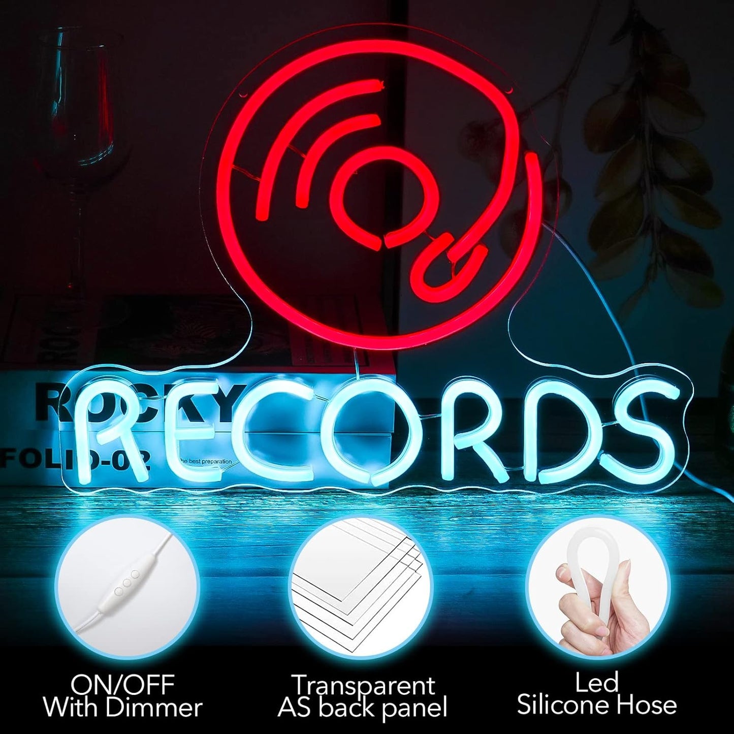 Vinyl Records Neon Sign, Neon Lights For Wall Decor, Funky Music Led Wall Decor, Aesthetic Grunge Neon Sign Room Decor -Energize Your Space With Magical Ambiance（16.5 X 12.6 inch）