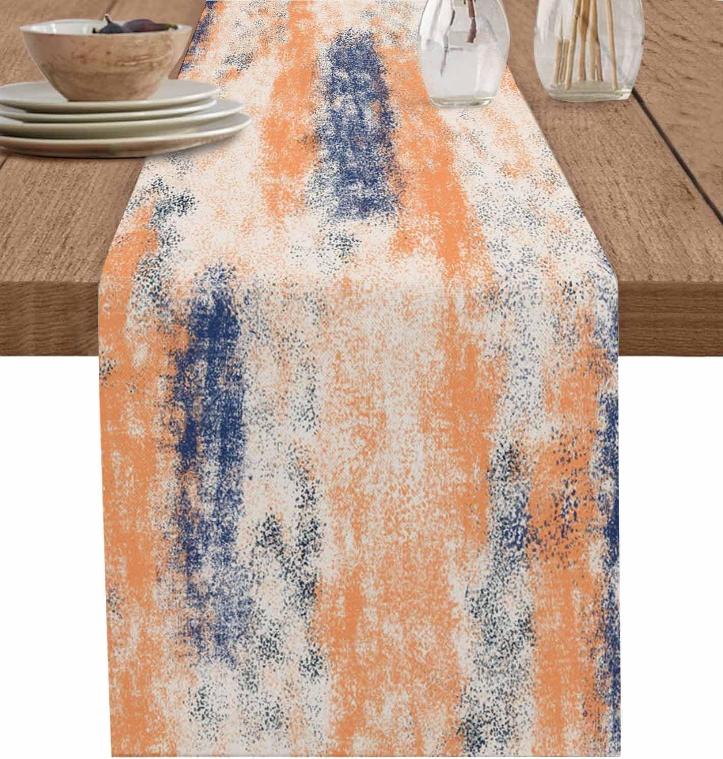 Vintage Oil Painted Cotton Linen Table Runner for Dining Kitchen, Wedding Outdoor Party Tablerunners Decoration, Abstract Modern Orange Minimalist Dresser Scarf Coffee Tablecloth Runners 13x108 Inches