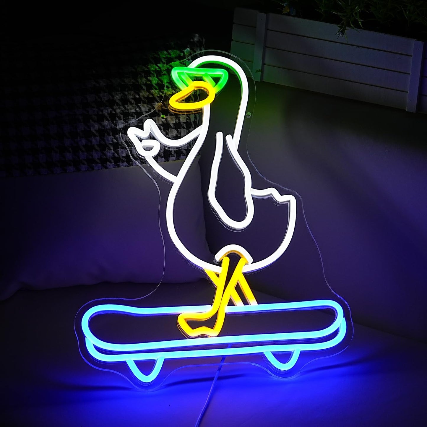 Duck Neon Sign Cool Skateboard Glasses Duck Neon Light for Wall Decor Dimmable Duck Light Up Sign Powered by USB for Living Room Kids Room Art Wall Decor Boys Girls Gifts (16.7”*12.8”)