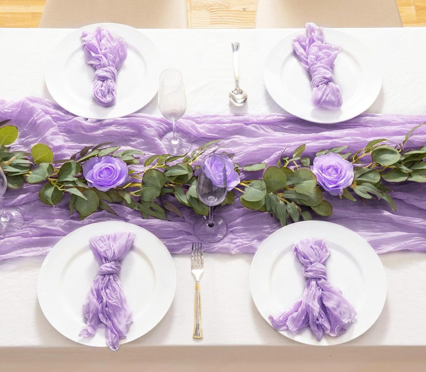 8 Pack 10Ft Table Runner 35x120 inch Purple Boho Gauze Table Cheese Cloth Long Wrinkled Sheer Table Runner for Wedding Bridal Shower Birthday Party Table Decor