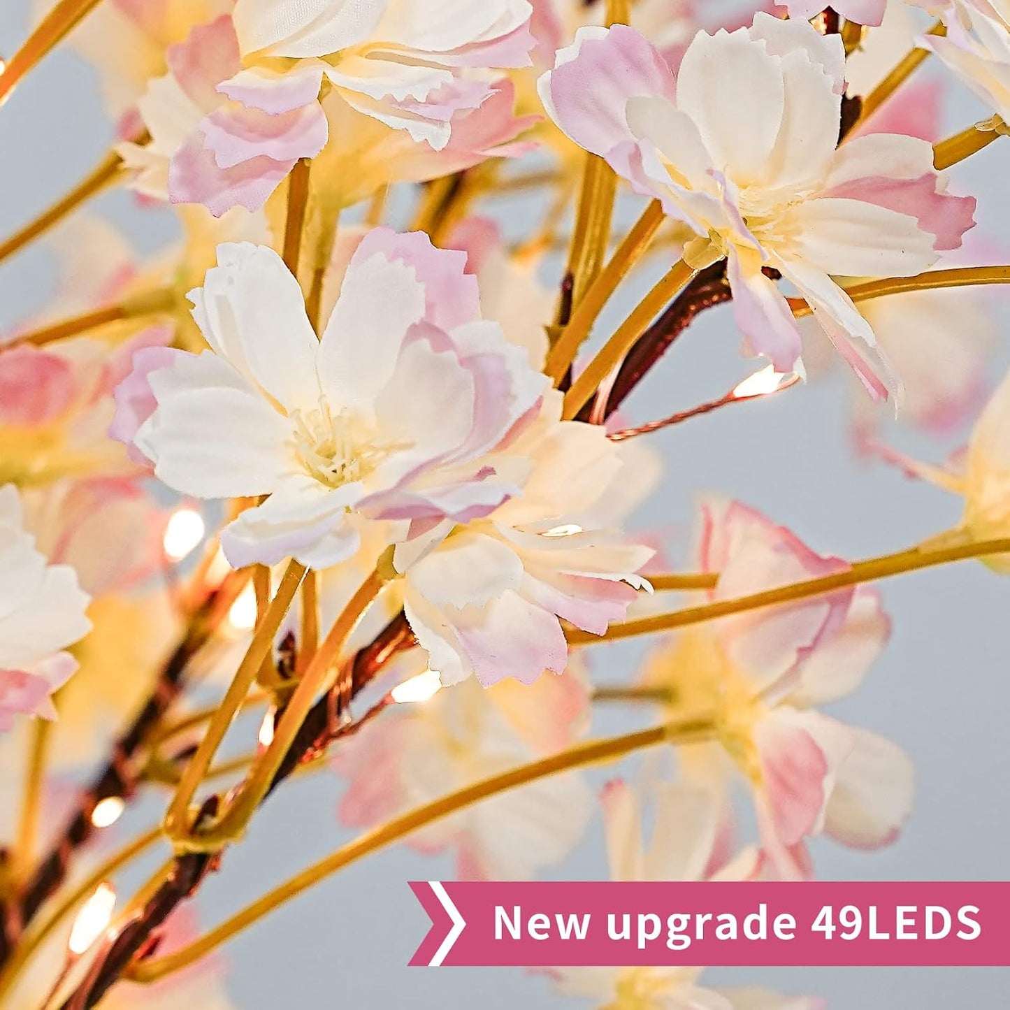 19Inch Cherry Blossom Tree Light, Lighted Artificial Tree with Pink Silk Flowers, 49 Fairy LEDs, Battery Operated Lamp with Timer for Summer Wedding Decorations