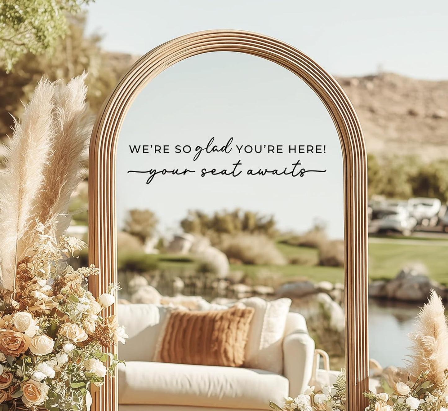 Wedding Sign Decal, Seating Chart, Welcome Vinyl Wedding Mirror Decal, We're So Glad You're Here Seating Chart, Your Seat Awaits (Black, Width 17 inch)