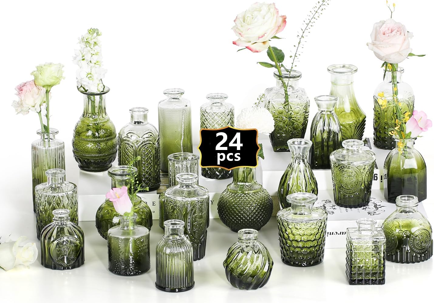 Mini Bud Vases As Wedding Centerpieces for Tables,Clear Bud Vases for Flowers,Small Flower Vases Suitable for Birthday Party,Anniversary,Wedding Reception,Baby Shower (Dark Green, 24PCS)