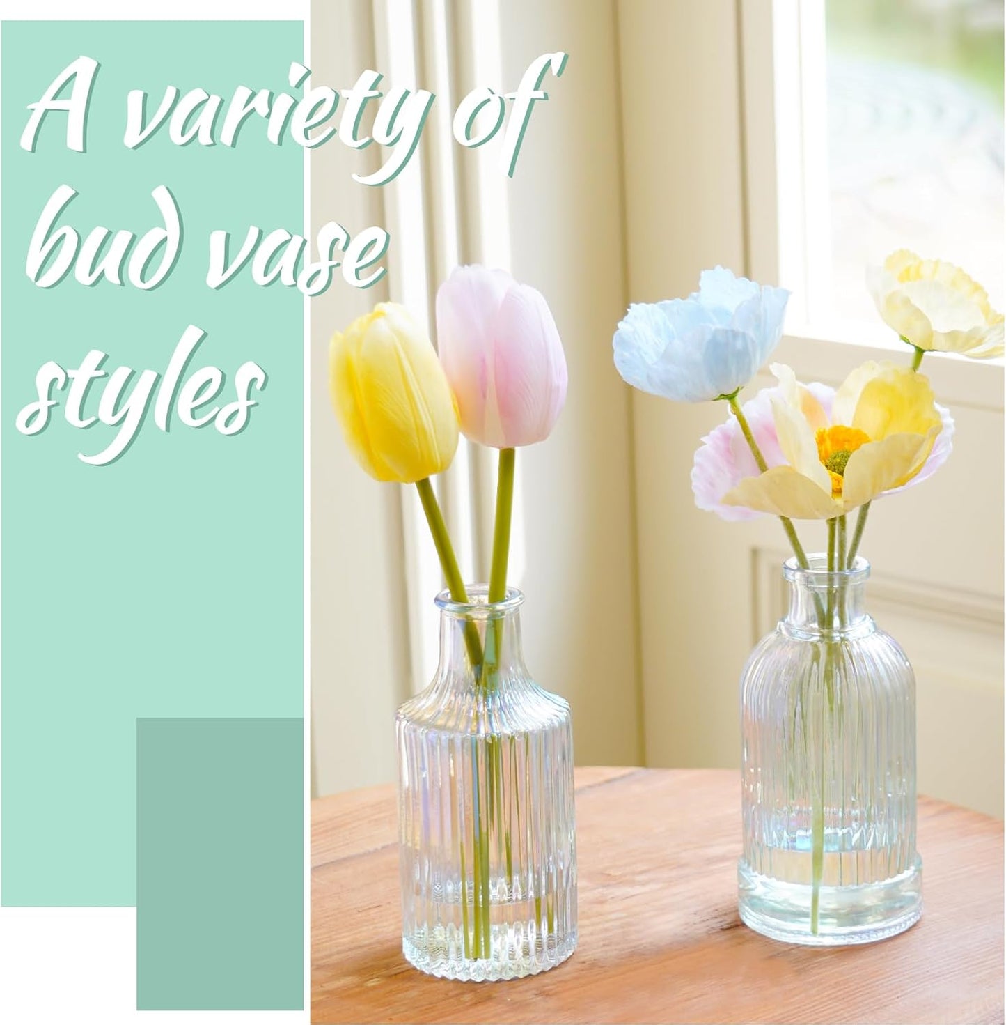 Bud Vases Set of 12, Iridescent Glass Vase for Decor Centerpieces, Small Vases for Flowers, Clear Irised Flower Vase Ribbed Modern Bud Vases in Bulk, Colorful Vases for Wedding Party Table Decoration