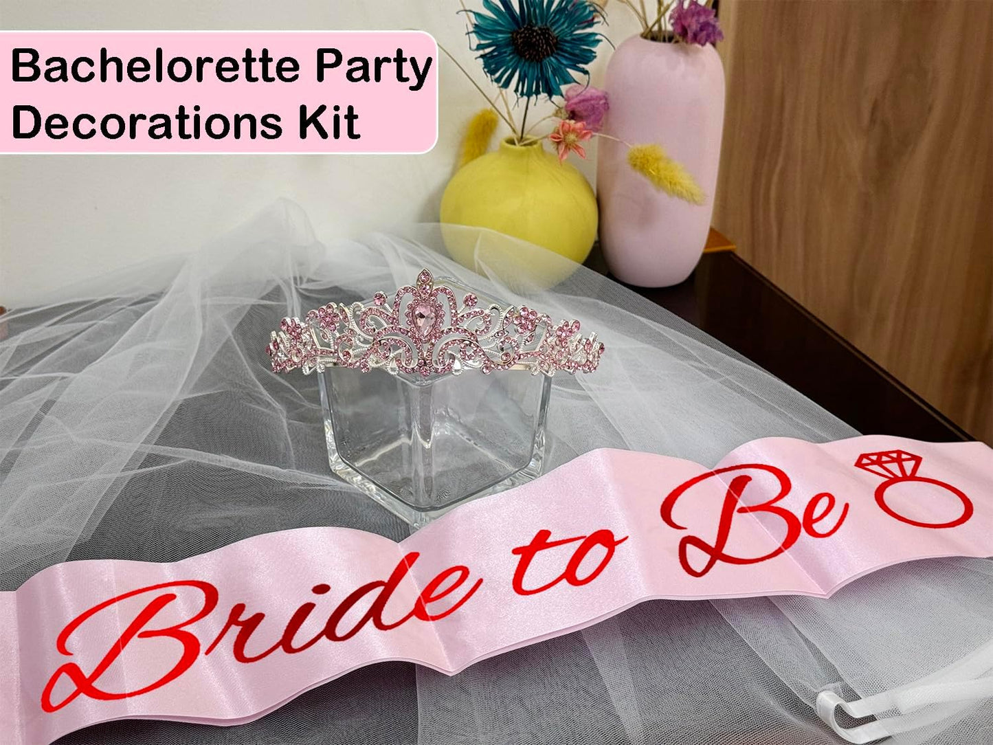 JETKONG 3 Pcs Bachelorette Party Decorations Bridal Shower Crown, Bride to Be Sash&Veil for Women Bachelorette Party Gifts, Bachelorette Party Supplies, Gifts, Favors (Pink)