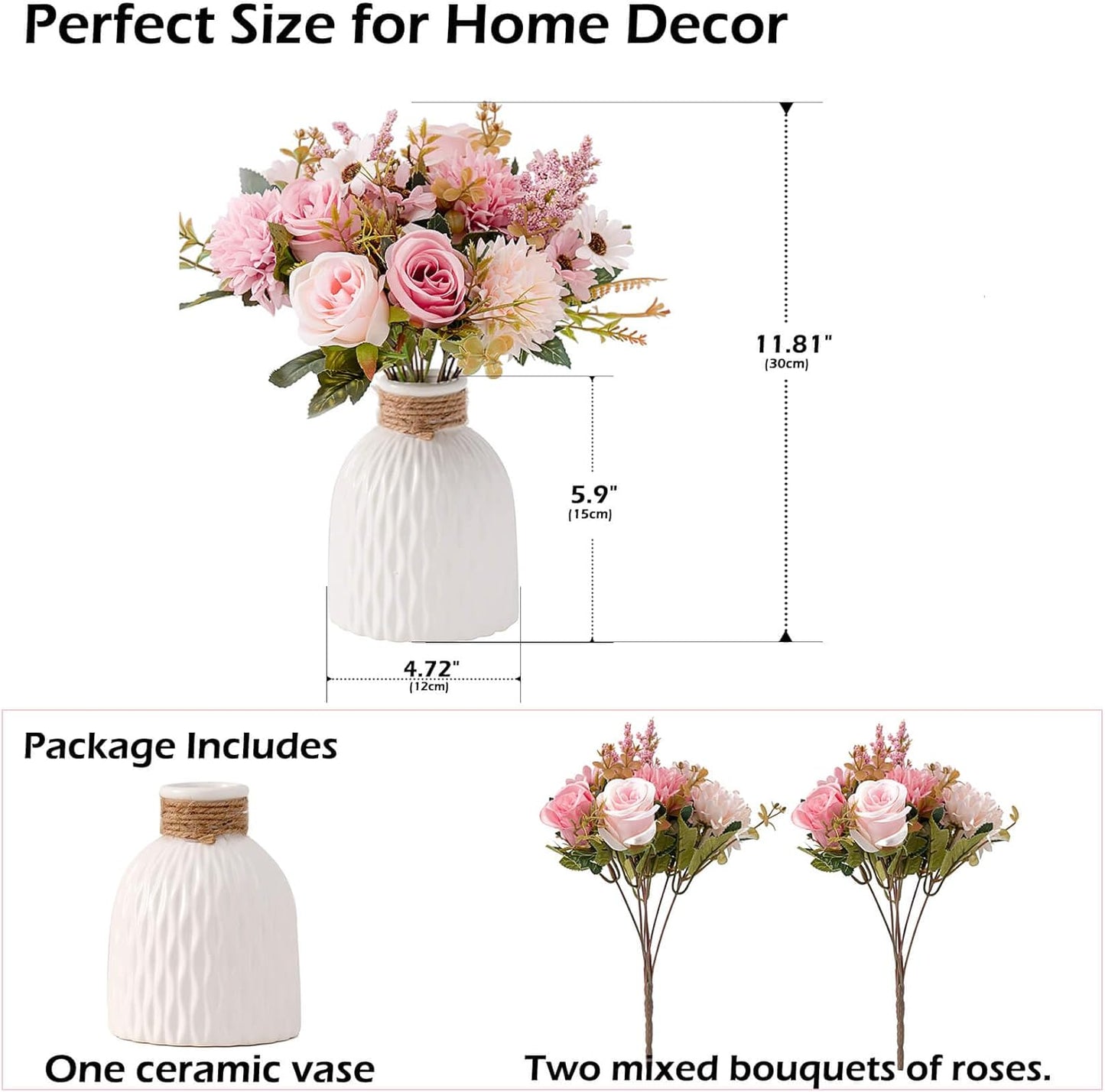 Epicpetal Fake Flowers in Vase, Artificial Pink Flowers in Vase for Decoration Faux Flowers Fake Floral for Home Decor Indoor Dining Table Centerpiece (Pink)