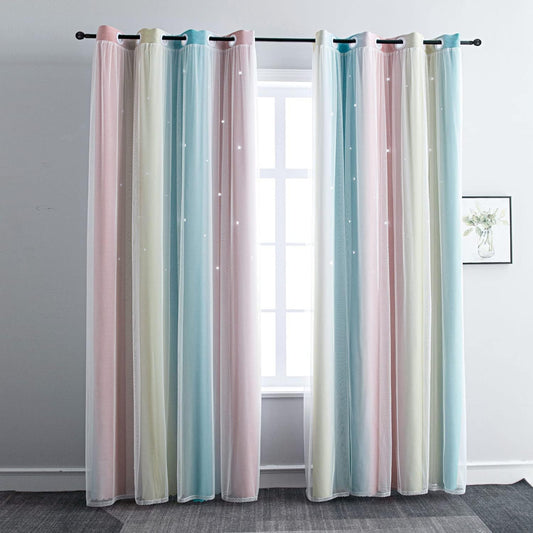 FANLI Ombre Rainbow Blackout Curtains for Kid Girls Bedroom Living Room Darking Stripe Double Layer Star Cut Out Wall Home Decor Gradient Grommet Window Curtains (Pink/Blue, 52W x 63L)