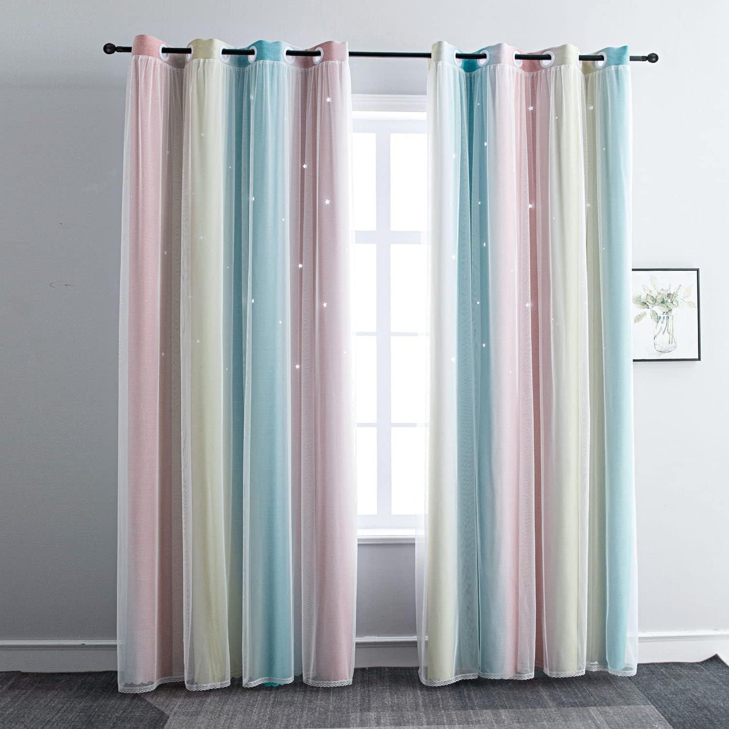 FANLI Ombre Rainbow Blackout Curtains for Kid Girls Bedroom Living Room Darking Stripe Double Layer Star Cut Out Wall Home Decor Gradient Grommet Window Curtains (Pink/Blue, 52W x 72L)