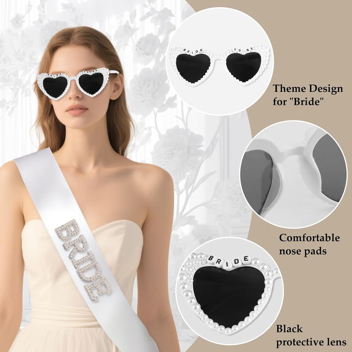 3Pcs Bride to Be Sash and Bow Veil Set, Bachelorette Party Favors, White Pearl Bride To Be Sash, Pearl Heart Sunglasses for Bachelorette Party Gifts Bridal Shower Wedding