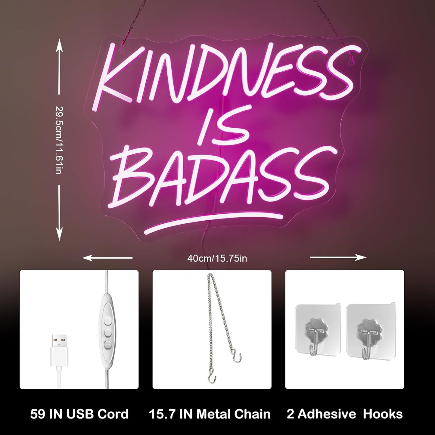 KINDNESS IS BADASS Neon Sign – Pink LED Wall Light, Inspirational Neon Word Sign for Bedroom, Dorm, Living Room, Office & Gift Décor