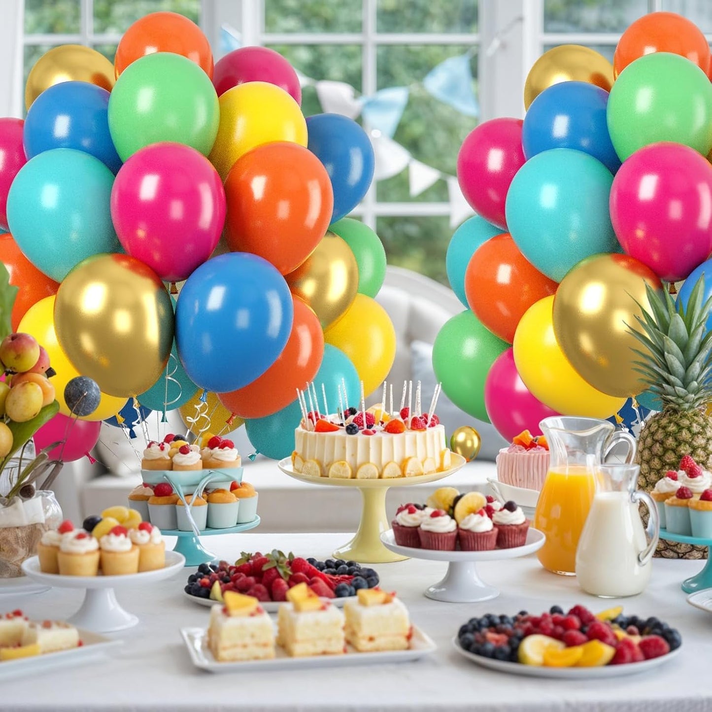 Paready Colorful Balloons Set, 50 Pcs Rainbow Metallic Gold Balloon, 12 Inch Teal Blue and Orange Hot Pink Yellow Balloons for Rainbow Easter Birthday Party Decorations