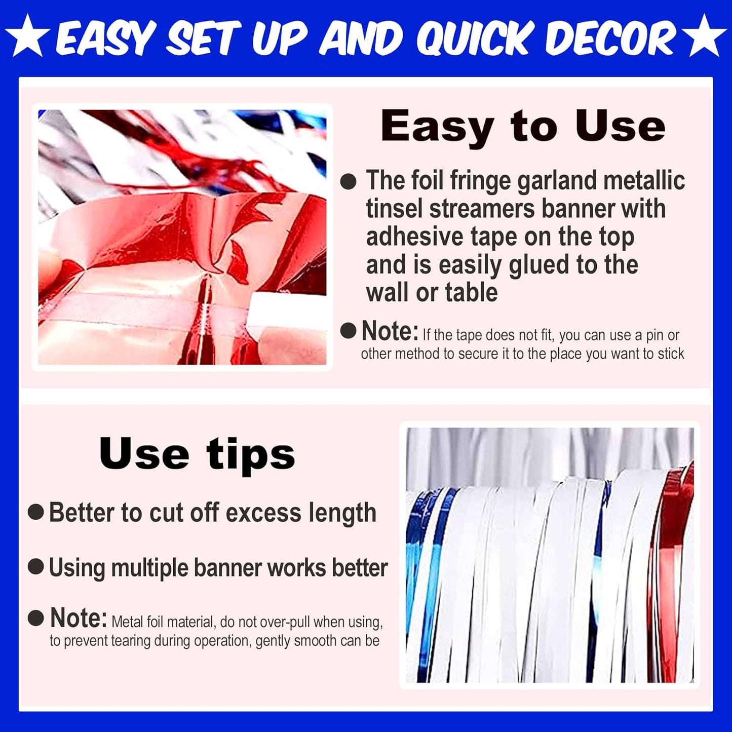 6 Pack 10 Ft White Blue Red Foil Fringe Garland Metallic Streamers Tinsel Banner Wall Hanging Garland Backdrop for Parade Floats, Halloween, Christmas, Thanksgiving, New Year Party Decorations