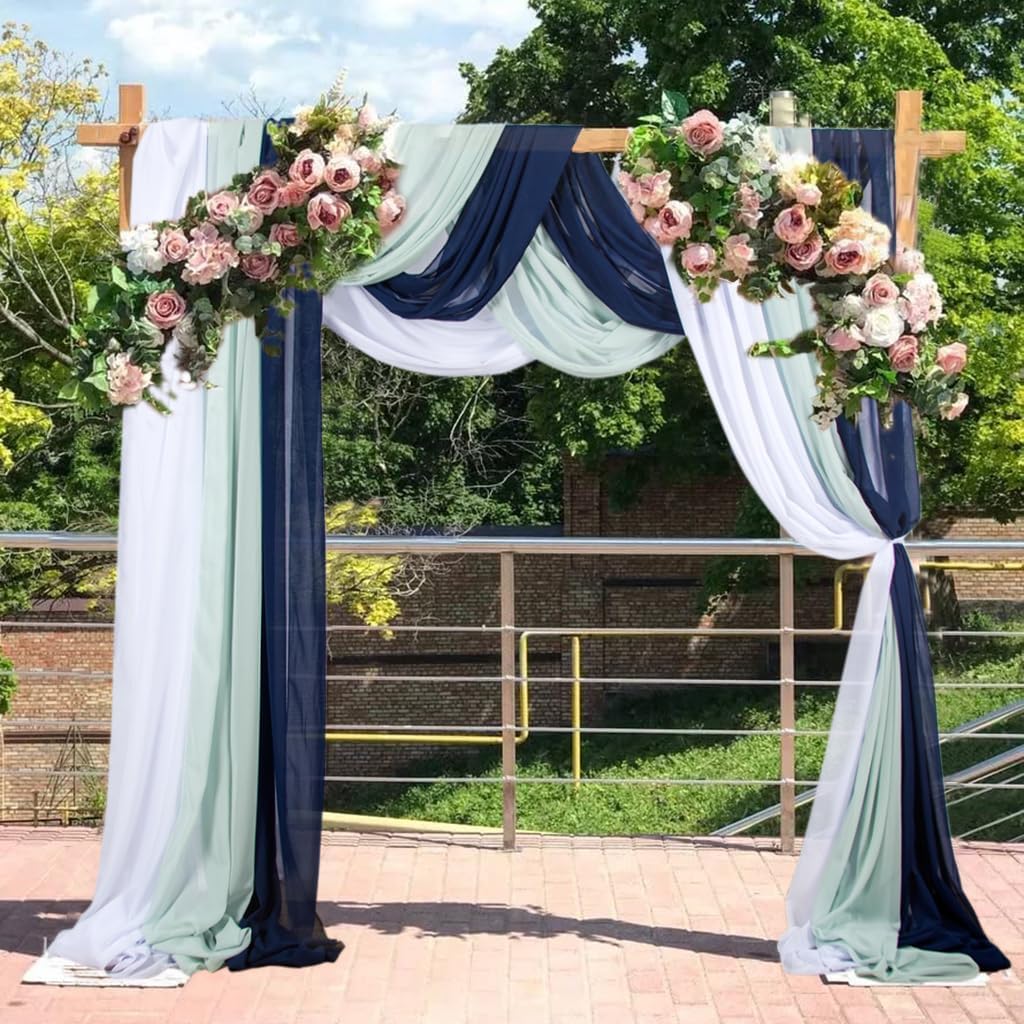 3 Panels 20Ft Chiffon Wedding Arch Drapes Navy Sheer Ceiling Drapes Romance Coast Atmospher Wedding Arch Draping Fabric Arbor Drapery Wedding Anniversary Decorations (White+Aqua+Navy)