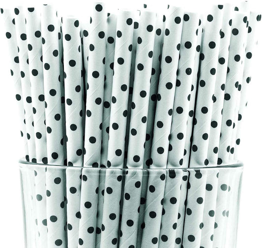 Pack of 300 Black Polka Dot Biodegradable 4-Ply Paper Drinking Straws (Compostable, Non-toxic, BPA-free)
