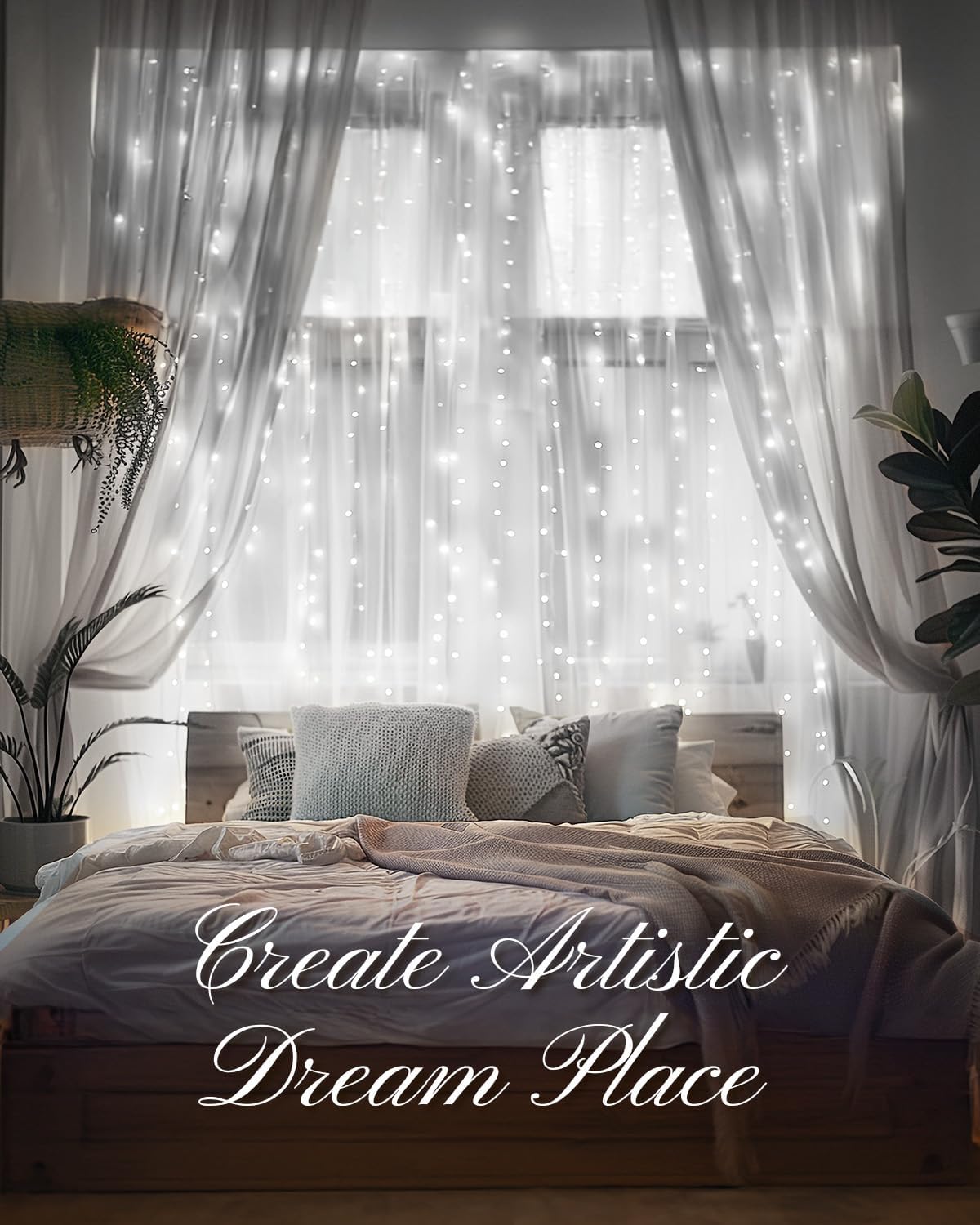 Brightown Smart Curtain String Lights - 9.8ft 300 LED Fairy Light with APP Remote, 8 Modes, USB Powered Waterproof Christmas for Bedroom Wedding Party, White