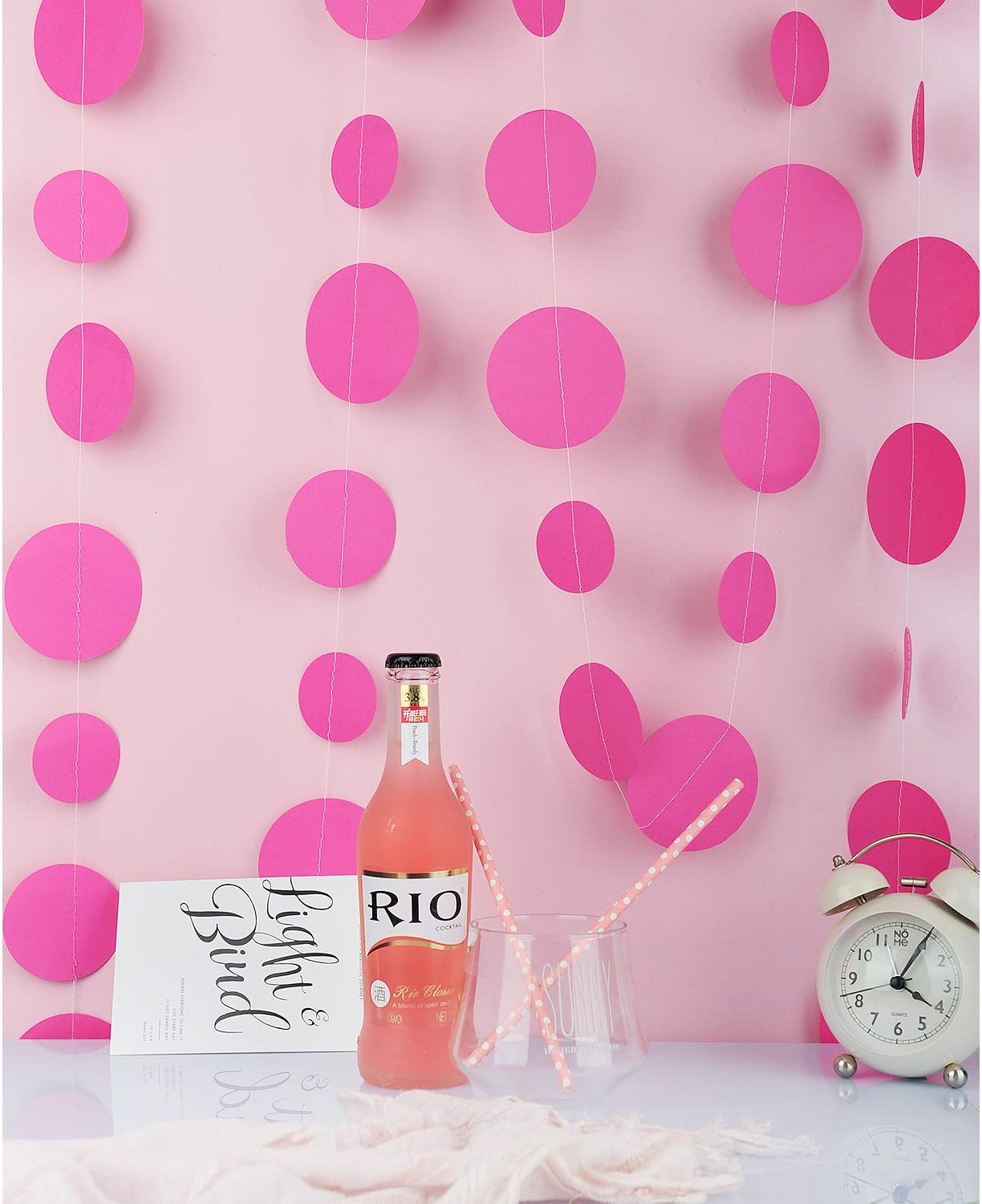 Hot Pink Paper Garland Circle Dot Party Banner Wall Streamers Backdrop Ceiling Hanging Decorations, 20 Feet in Total