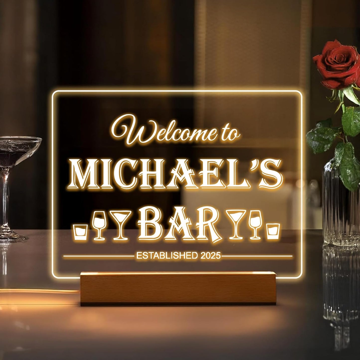 Personalized Bar Gifts for HOME BAR, Custom Name Date Acrylic Light Up Signs, Customized Acrylic Plaque with Night Light, Personalized Night Light for Man Cave Decor